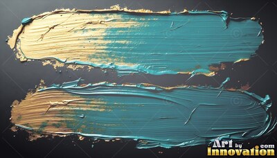 Thick teal brushstrokes sweep across black, edged with shining gold paint