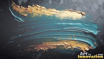 Swept horizontally across dark stone, deep teal paint blends with metallic gold paint