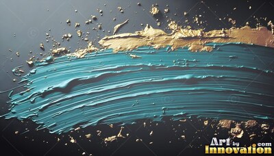 On a dark surface, a curved teal brushstroke lies topped with gold flakes