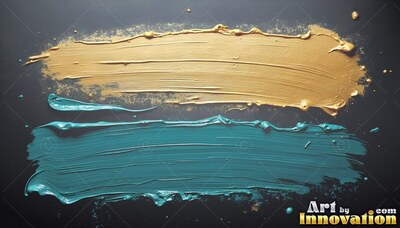 Stretching across black, thick strokes of gold and teal paint show raised bristle marks