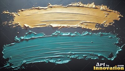 Thick gold and teal brush strokes on a dark background