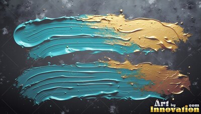 Bristled ridges define two wet teal paint mixed with gold strokes over a plain dark gray background