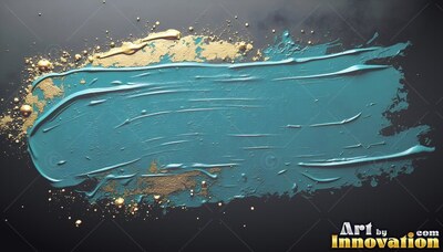 Wet teal paint smears across dark paper, catching light along shiny gold specks