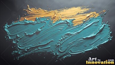 Angled horizontally on a dark surface, thick teal paint and gold strokes