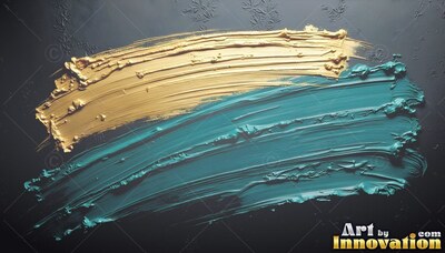 Thick strokes of gold and teal paint sweep across a dark gray surface