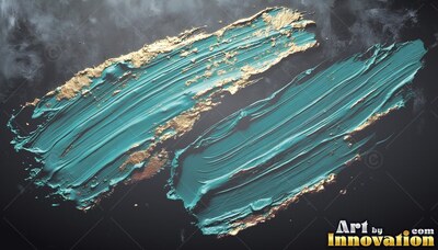 On a dark background, thick strokes of teal paint are edged with gold leaf
