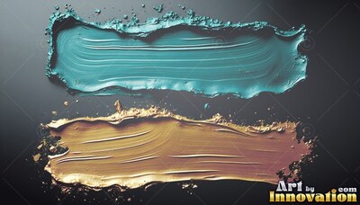 Stretching across a black background, thick teal and golden paint strokes show heavy ridges