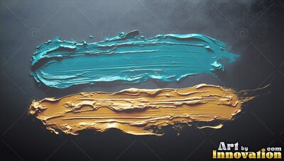 Gold and teal paint strokes across a dark backdrop