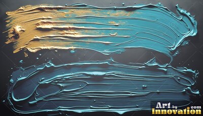 Thick ridges of gold and teal paint sweep across a dark black background