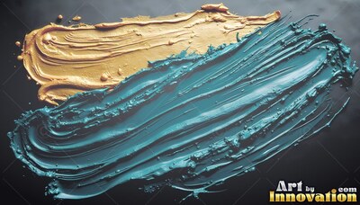 Teal and gold paint sweeps across black with thick ridges under soft light
