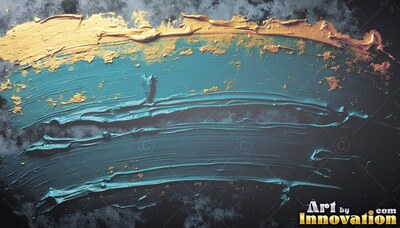 Sweeping horizontally across dark stone, teal paint with thick gold ridges