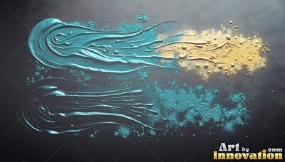 Gold and teal paint runs across dark gray surface in thick wet strokes