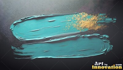 On dark gray stone, two rich teal paint strokes lie with gold powder dusting one