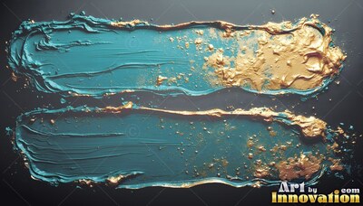 Sweeping across dark gray, two deep teal paint strokes are edged with rough gold foil