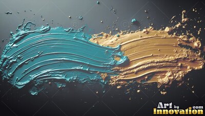 Wet teal and gold paint brushed across a smooth black background