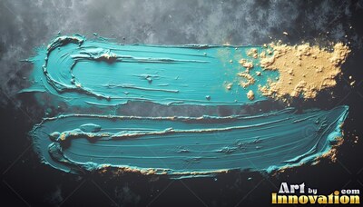 Heavy bristle ridges define two teal paint strokes with pale gold powder on dark stone