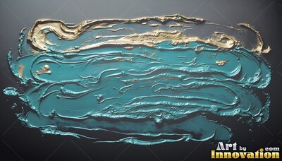 Rich teal paint stretches across a dark background beneath a strip of bright gold