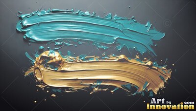 Sweeping horizontally across dark gray, teal and gold paint strokes