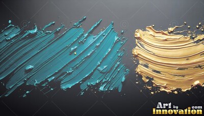 Thick teal and gold brush strokes smeared over dark gray surface