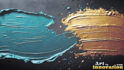 On a dark surface, thick teal and gold paint streaks face each other