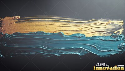 Thick gold and teal brush strokes on black background