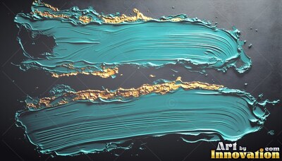 Bristled ridges mark two thick teal paint strokes with gold edges on dark gray
