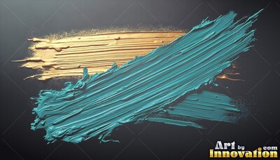 A thick teal paint smear sweeps over a gold brush mark with shiny highlights