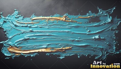 Stretched horizontally across dark gray, thick teal paint with streaks of gold