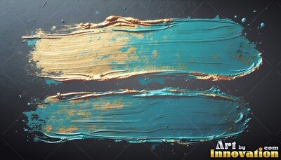 Two thick teal brushstrokes with gold paint smeared across a black surface