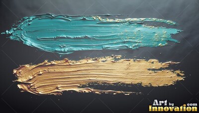 On a dark surface, thick teal and golden paint strokes lie side by side