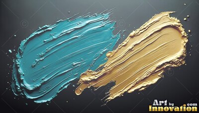 Sweeping across dark gray, two thick strokes of teal paint mixed with gold show bristle ridges