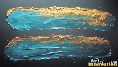 Two wet teal and gold paint strokes on a dark surface