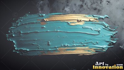 Rich teal paint with streaks of gold lies horizontally across a dark textured surface