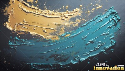 Teal and golden paint runs across black slate with rough ridges catching the light