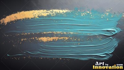 Brushed horizontally across black, teal paint sweeps with flecks of gold dust