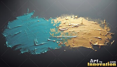 Heavy teal paint spreads across a dark surface and blends into gold paint