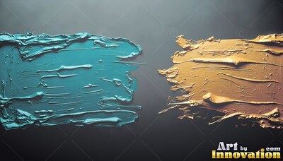 On a dark surface, thick teal and gold paint brushstrokes meet in the center