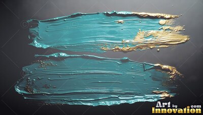Sweeping horizontally, thick teal paint strokes are touched with gold on black