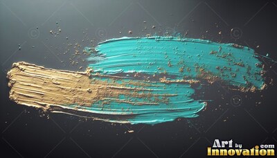 Teal and gold textured paint strokes on a deep gray background