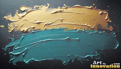 Thick ridges of metallic gold and teal paint sweep across a smooth dark background