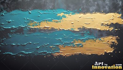 Teal paint mixed with gold sweeps across dark gray stone with thick ridges catching soft light