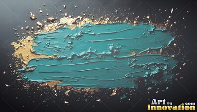 Spread horizontally across black, thick teal paint with gold leaf flecks