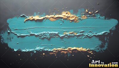 A thick smear of teal paint with rough gold edges spreads across a black surface