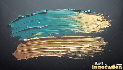 On a dark surface, wet teal paint mixed with gold streaks curve across