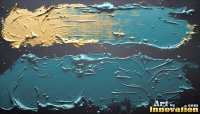 Stretching across a dark background, thick teal and gold paint smears reveal heavy bristle marks