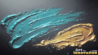 Wet teal paint mixed with gold strokes on a black background