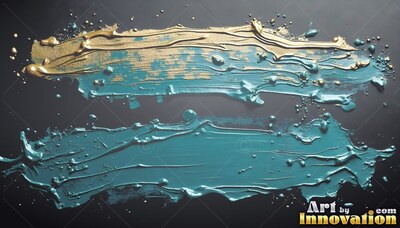 Thick ridges of metallic gold top two teal paint strokes across a black surface