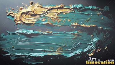 Thick teal paint smears across a black surface with ridges of bright gold
