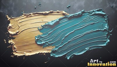 Slanted across a dark surface, thick teal paint mixed with gold strokes overlap