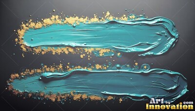 Two thick teal brushstrokes spread across a dark surface with speckled gold along their edges